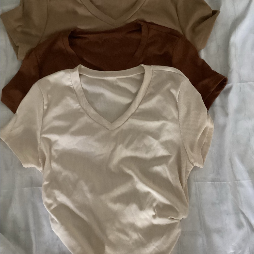 3 - V-Neck Ribbed Ruched Tops ( Color: Multi)